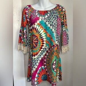 R. Rouge Multi Color Print Scoop Neck Dress Lace edge Sleeve Size M